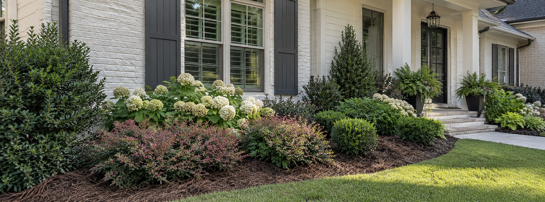 Foundation planting with hydrangeas, evergreen shrubs, and boxwoods around a home
