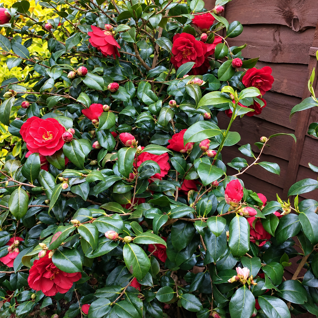 Red Camellia Greensboro Bush by GoBuyPlants® showing vibrant red flowers and glossy green foliage
